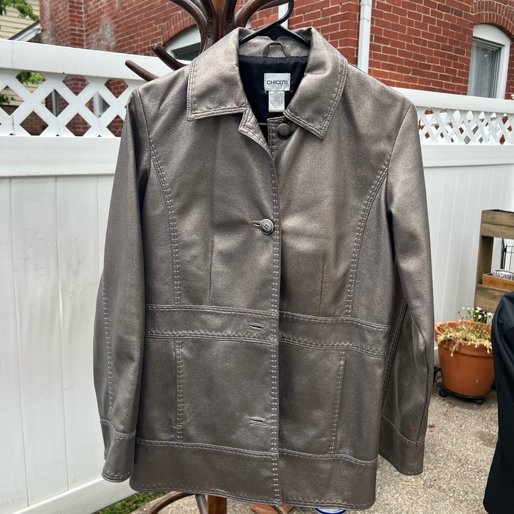 Chico's Metallic Taupe Leather Single-Button Jacket